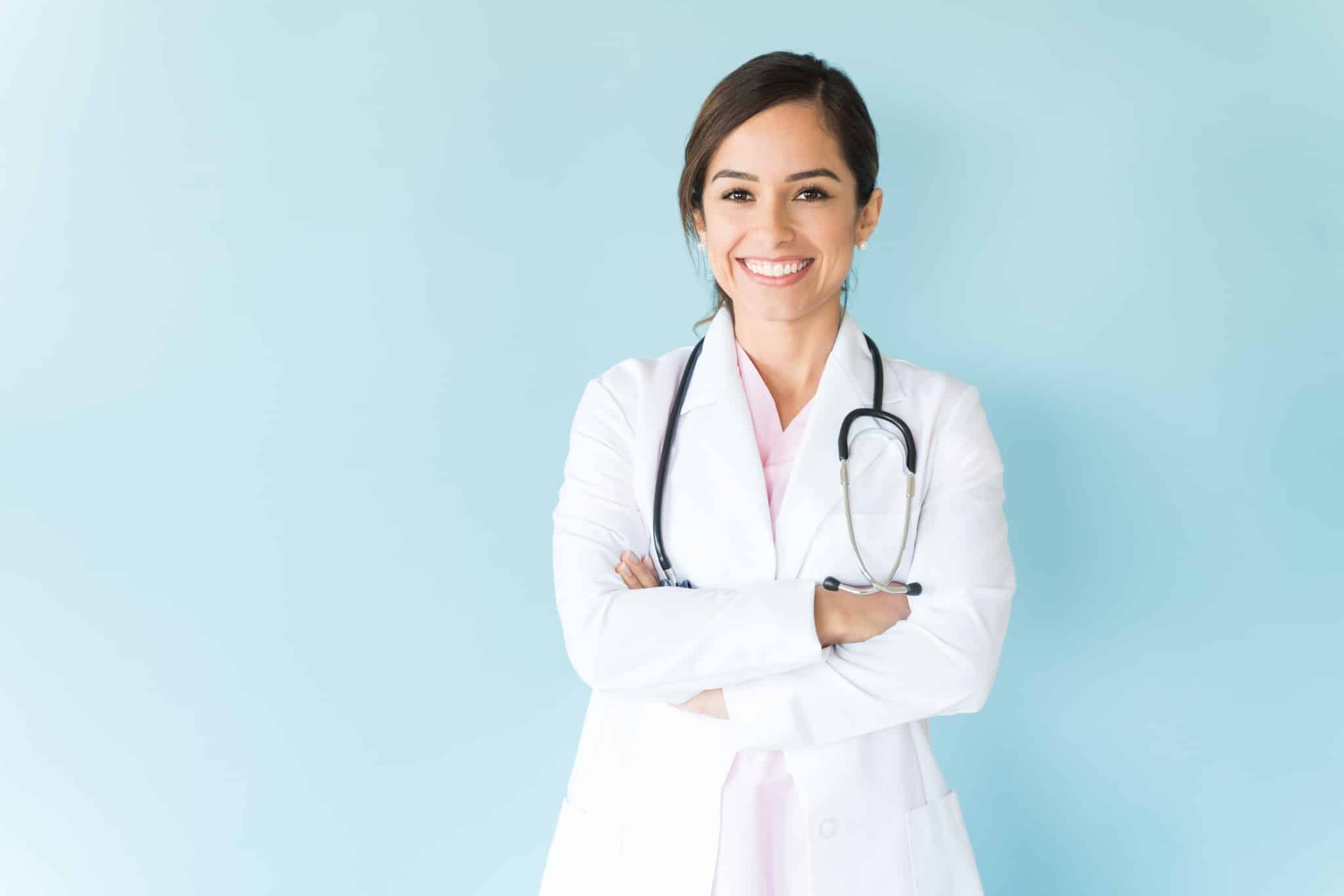 Smiling healthcare professional in a lab coat