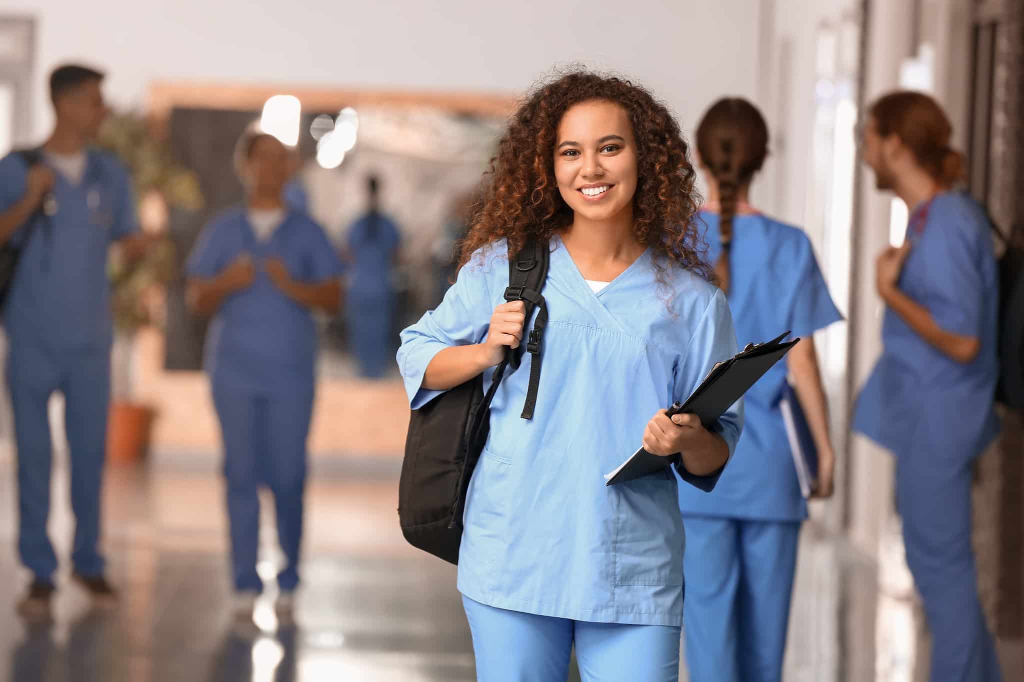 African-American medical student in a corridor