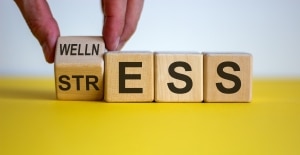 Close up of a hand holding blocks that say wellness and stress