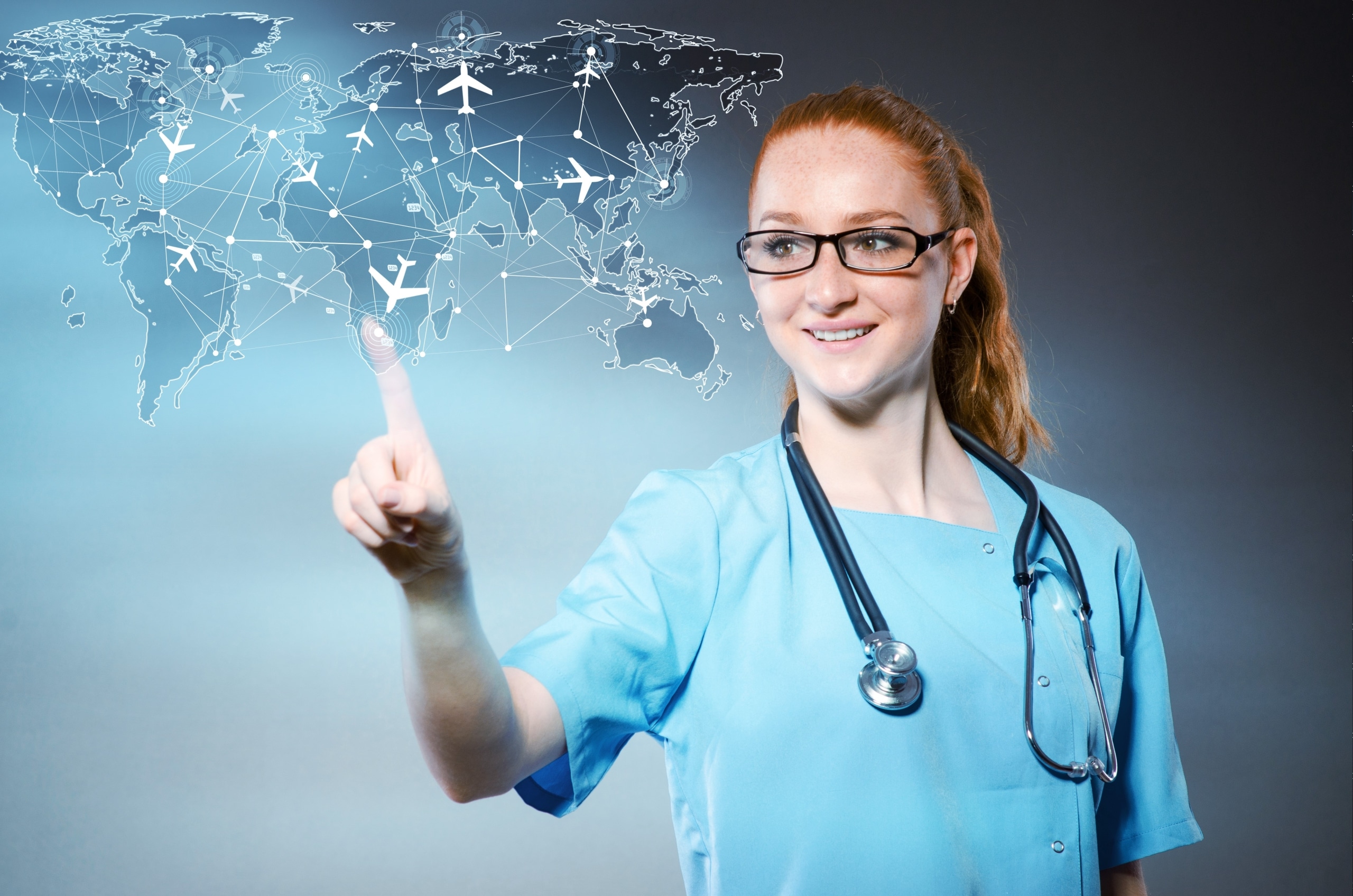 Travel nurse interacting with a virtual map